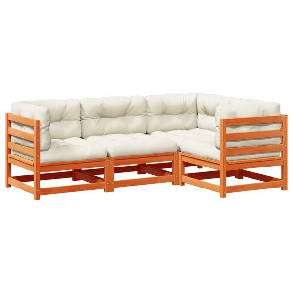 vidaXL 4-delige Loungeset met kussens massief grenenhout wasbruin