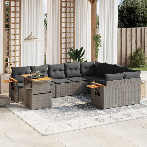 vidaXL 10-delige Loungeset met kussens poly rattan grijs