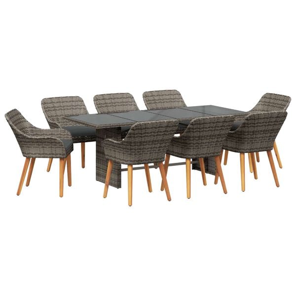vidaXL Tuin Eetset met kussen 9 pcs Grijs poly rattan
