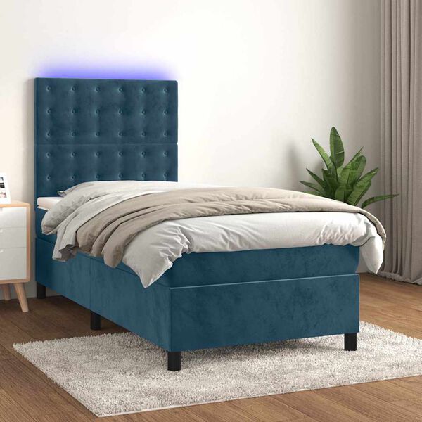 vidaXL Boxspring met matras en LED fluweel donkerblauw 100x200 cm