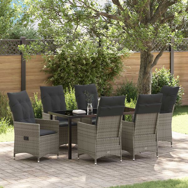 vidaXL Tuin eettafelset met kussen 7 pcs Grijs poly rattan