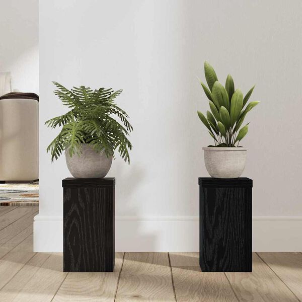 vidaXL Plantenstandaard 2 pcs Zwart Eiken 10 x 10 x 18 cm Bewerkt hout
