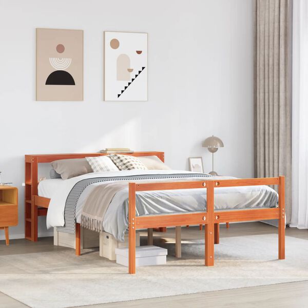 vidaXL Bedframe met hoofdbord massief grenenhout wasbruin 135x190 cm