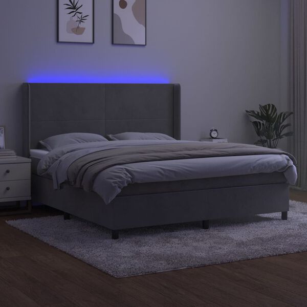 vidaXL Boxspring met matras en LED fluweel lichtgrijs 180x200 cm