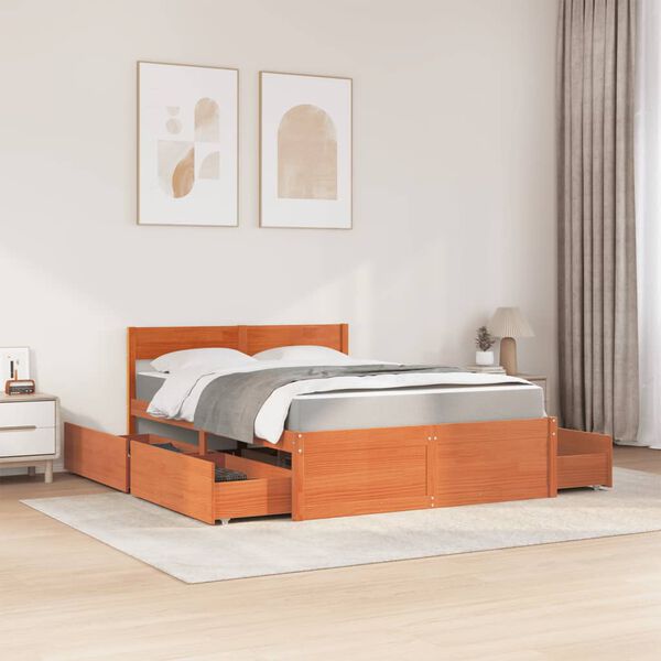 vidaXL Bed met lades en matras massief grenenhout wasbruin 140x190 cm