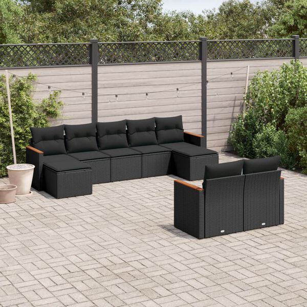 vidaXL 9-delige Loungeset met kussens poly rattan zwart