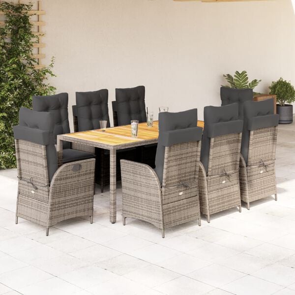 vidaXL 9-delige Tuinset met kussens poly rattan grijs