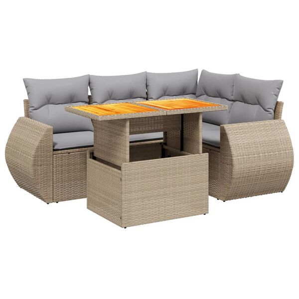 vidaXL 5-delige Loungeset met kussens poly rattan beige