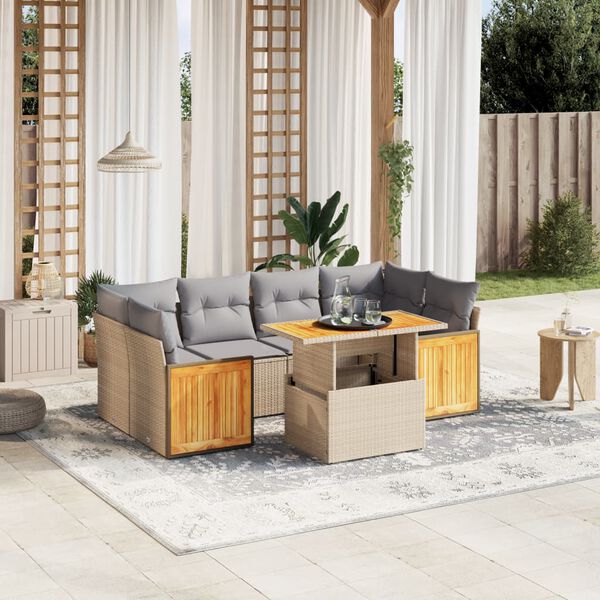 vidaXL 7-delige Loungeset met kussens poly rattan beige