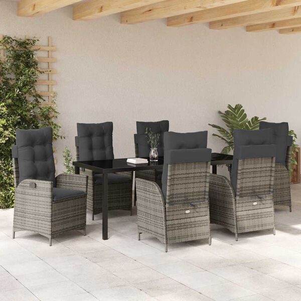vidaXL Tuin eettafelset met kussen 7 pcs Grijs poly rattan