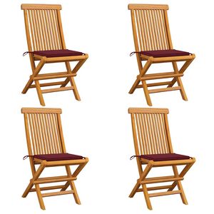 vidaXL Klapstoelen met wijnrode kussens, 4 stuks, massief teakhout