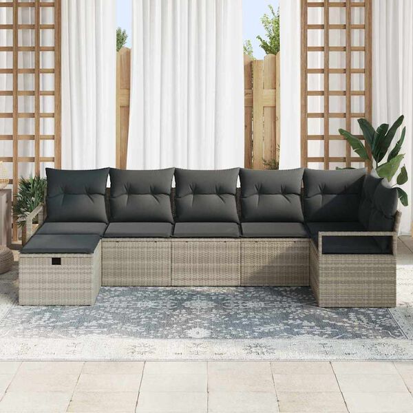 vidaXL Tuin Sofa Set met kussen met opslag 7 pcs Lichtgrijs Poly riet