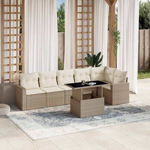 vidaXL 7-delige Loungeset met kussens poly rattan beige
