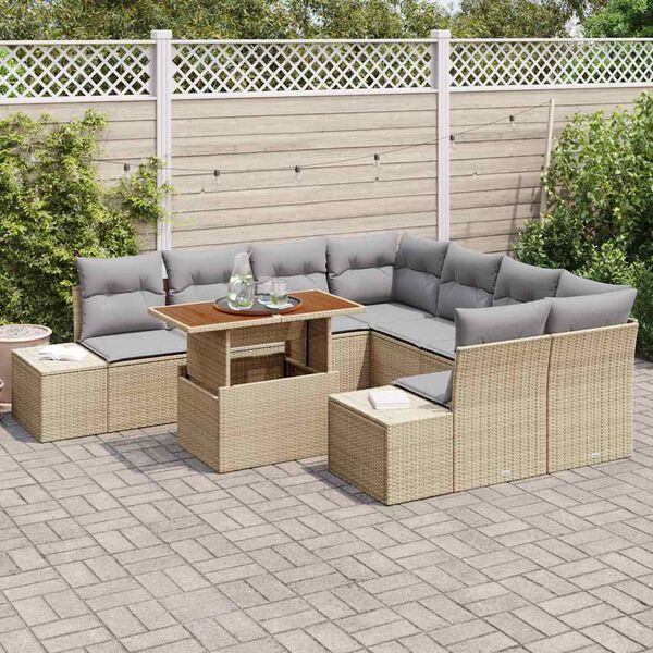 vidaXL Tuin Eetset met kussen met kussen 9 pcs Beige en Grijs