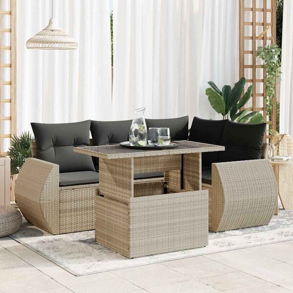vidaXL 6-delige Loungeset met kussens poly rattan lichtgrijs