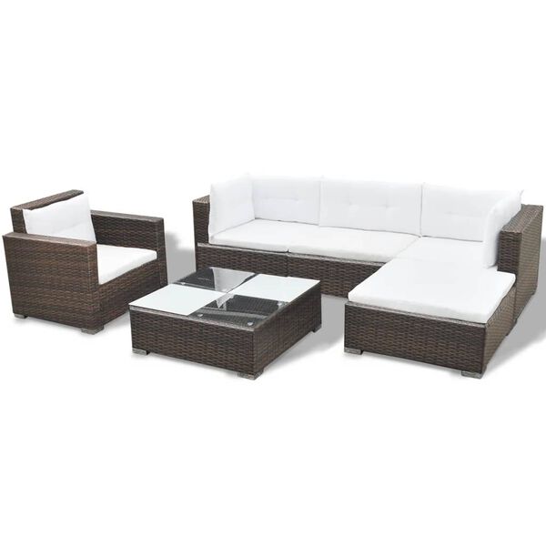 vidaXL 6-delige Loungeset met kussens poly rattan bruin
