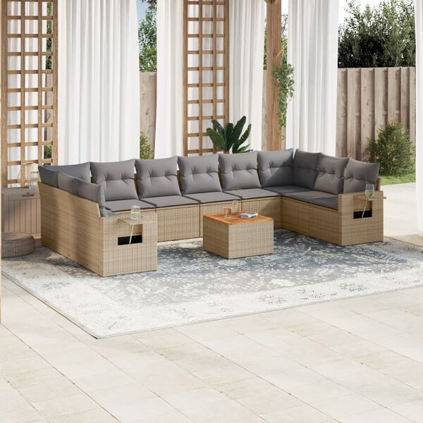 vidaXL 11-delige Tuinset met kussens poly rattan beige