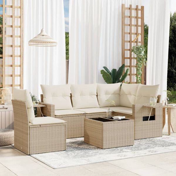 vidaXL 6-delige Loungeset met kussens poly rattan beige