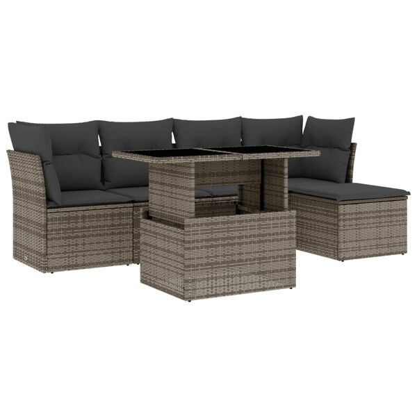 vidaXL 6-delige Loungeset met kussens poly rattan grijs