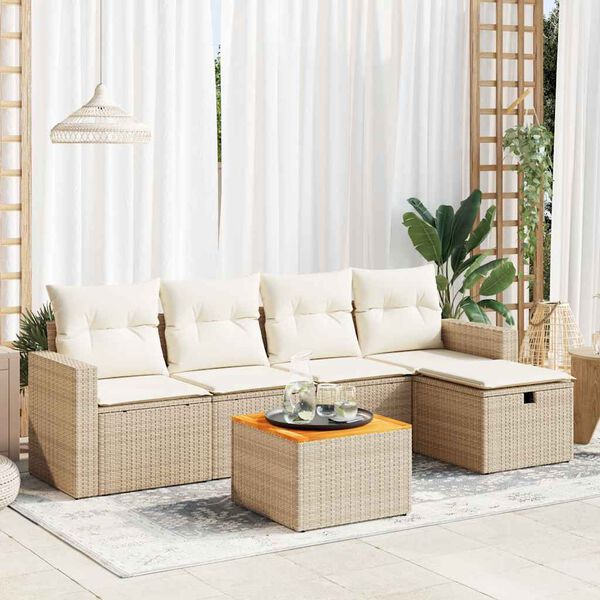 vidaXL 6-delige Loungeset met kussens poly rattan beige