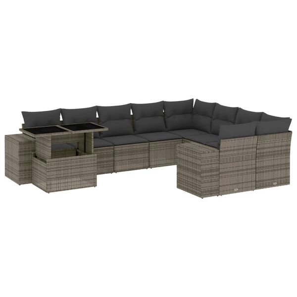 vidaXL 10-delige Loungeset met kussens poly rattan grijs