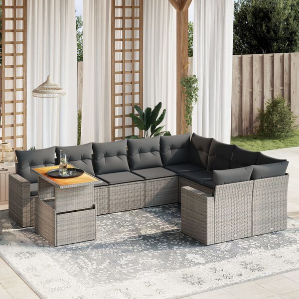 vidaXL 10-delige Loungeset met kussens poly rattan grijs