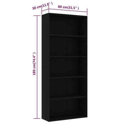 vidaXL Boekenkast met 5 schappen 80x30x189 cm bewerkt hout zwart
