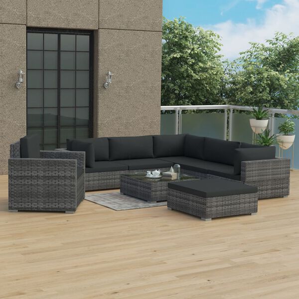 vidaXL 8-delige Loungeset met kussens poly rattan grijs