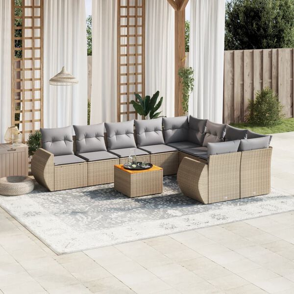 vidaXL 10-delige Loungeset met kussens poly rattan beige