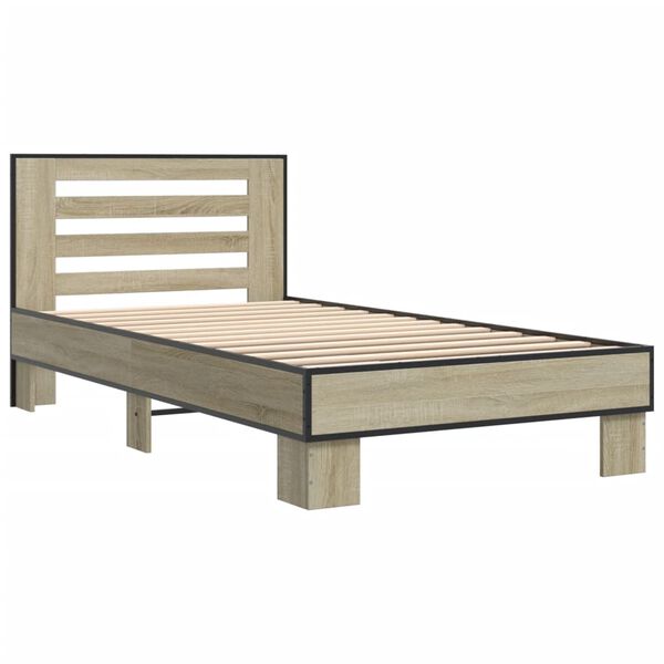 vidaXL Bedframe bewerkt hout en metaal sonoma eikenkleurig 75x190 cm