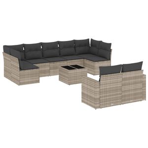 vidaXL 10-delige Loungeset met kussens poly rattan lichtgrijs