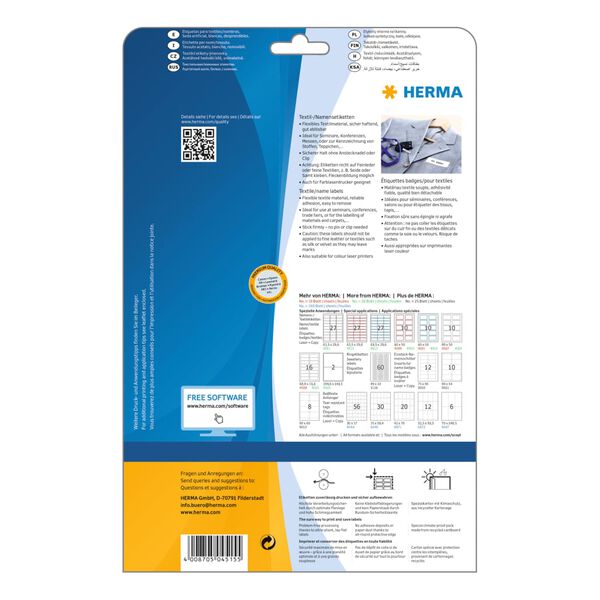 HERMA Naametiketten textiel verwijderbaar 20 vellen A4 88,9x33,8 mm