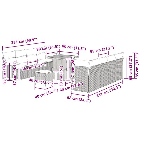vidaXL Tuinbankenset met kussen 12 pcs Zwart poly rattan