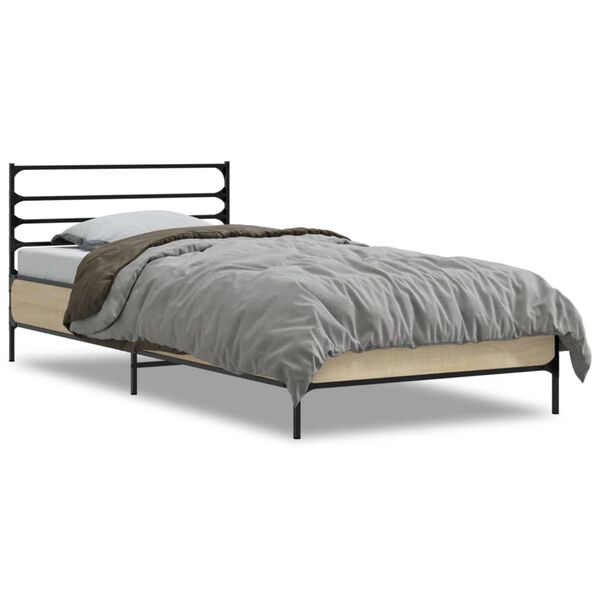 vidaXL Bedframe bewerkt hout en metaal sonoma eikenkleurig 90x200 cm