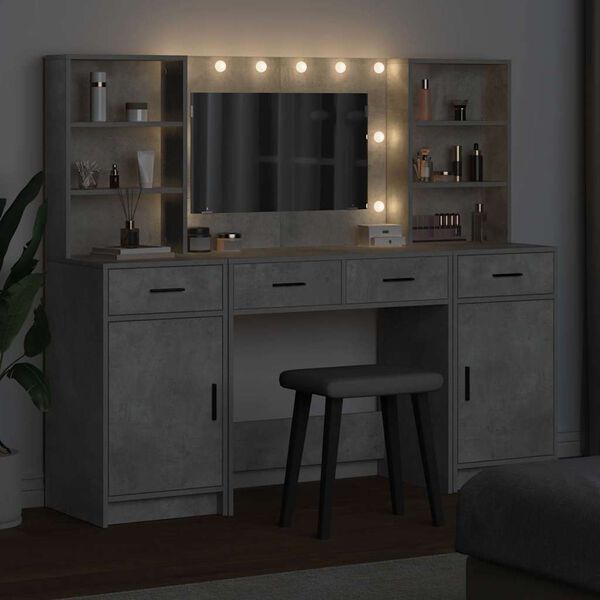 vidaXL Make-up tafel set met LED 3 pcs Beton Grijs Bewerkt hout