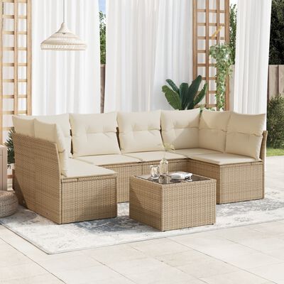 vidaXL 7-delige Loungeset met kussens poly rattan beige