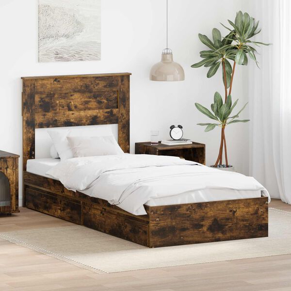 vidaXL Opslag bed met lade Gerookt eiken 75 x 190 cm Bewerkt hout