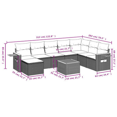 vidaXL 9-delige Loungeset met kussens poly rattan beige