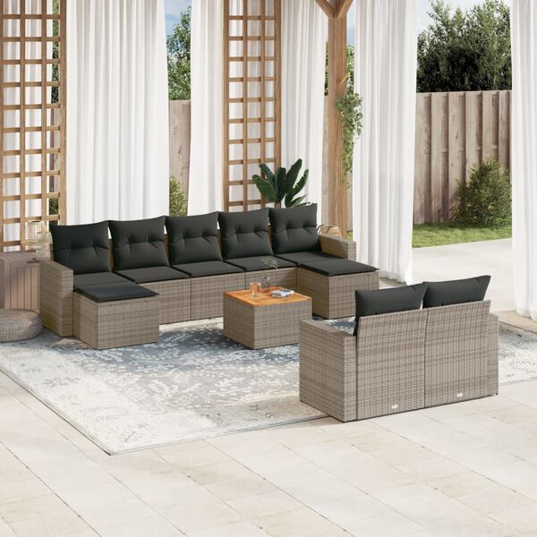 vidaXL 10-delige Loungeset met kussens poly rattan grijs