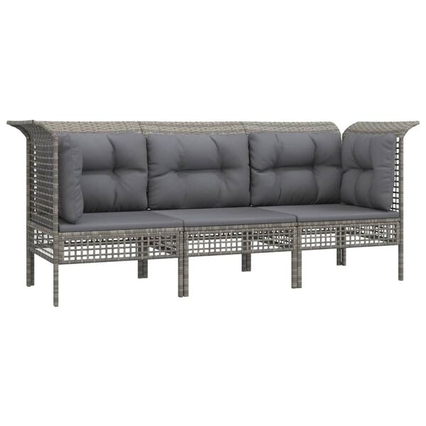 vidaXL 3-delige Loungeset met kussens poly rattan grijs