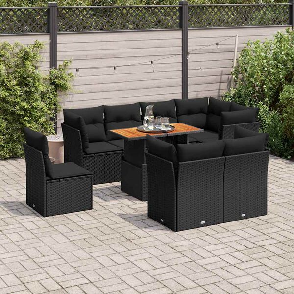 vidaXL 9-delige Loungeset met kussens poly rattan zwart