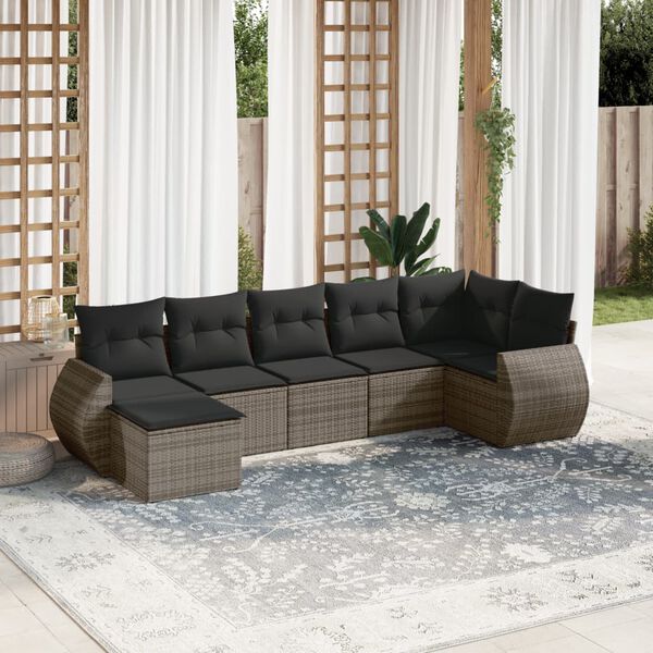 vidaXL 7-delige Loungeset met kussens poly rattan grijs