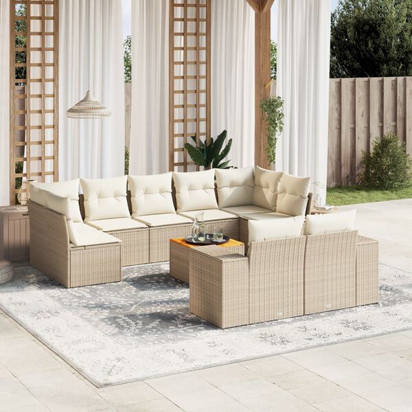 vidaXL 10-delige Loungeset met kussens poly rattan beige