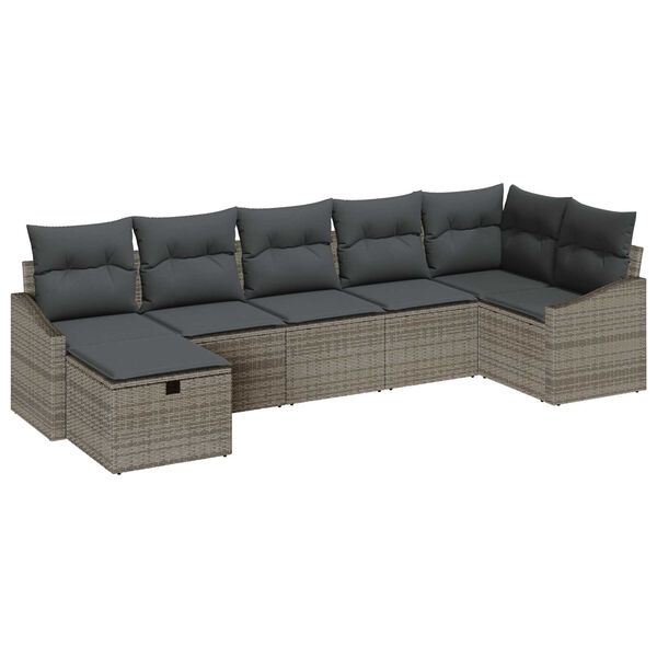 vidaXL Bankstel met kussen met opslag 7 pcs Grijs poly rattan