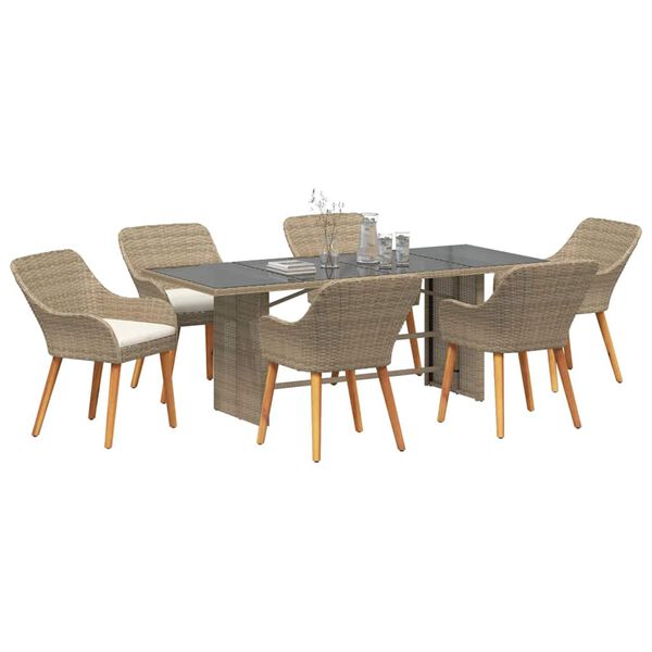 vidaXL Tuin eettafelset met kussen 7 pcs Beige poly rattan