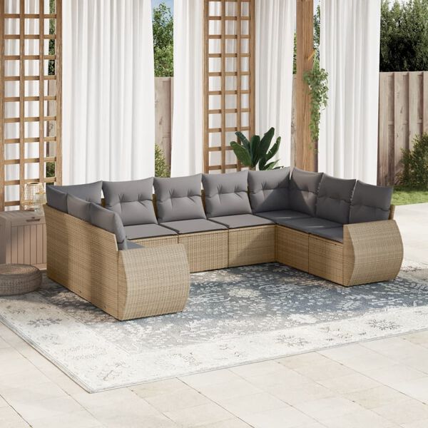 vidaXL 9-delige Loungeset met kussens poly rattan beige