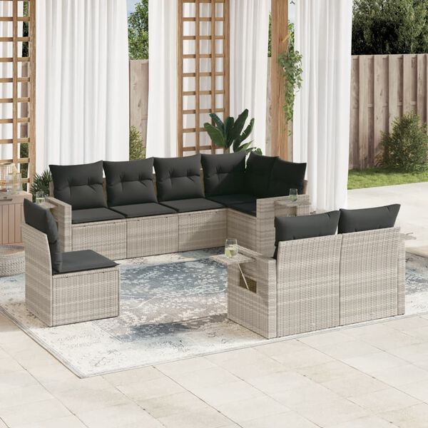 vidaXL 8-delige Loungeset met kussens poly rattan lichtgrijs