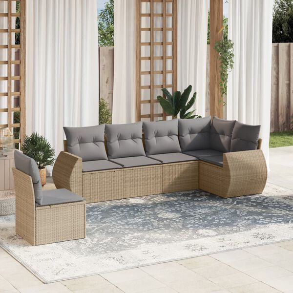 vidaXL 6-delige Loungeset met kussens poly rattan beige