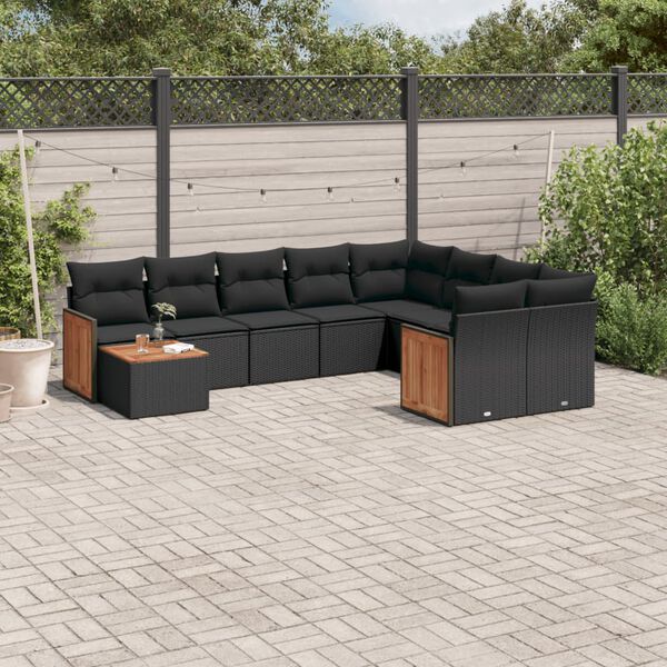vidaXL 10-delige Loungeset met kussens poly rattan zwart