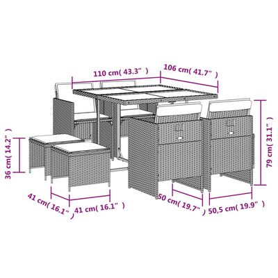 vidaXL 9-delige Tuinset met kussens poly rattan grijs